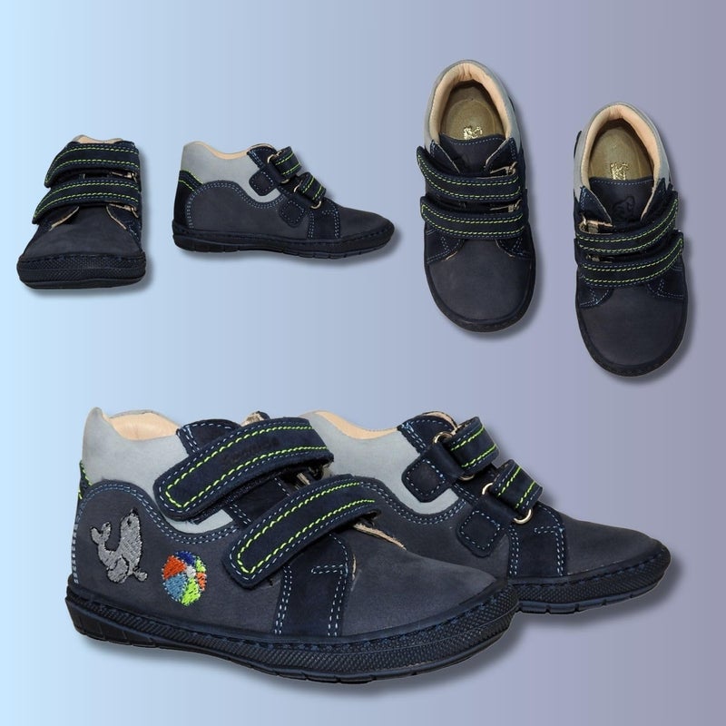 Szamos Kids Boys’ Genuine Leather Shoes – Ergonomic Supportive Sole, Stable Heel, Flexible Forefoot, Adjustable Hook & Loop Straps, Embroidered – Navy with Seal & Ball Design - Image 5